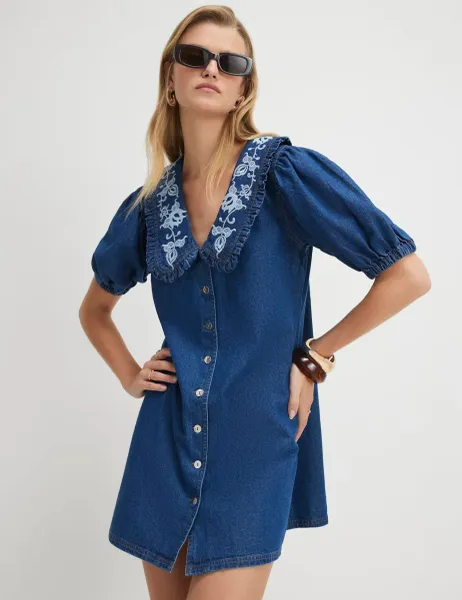 River Island Embroidered Mini Shirt Dress Dark Blue Denim