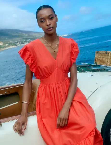 Regatta Ruffle Sleeve Midi Tiered Dress Orange