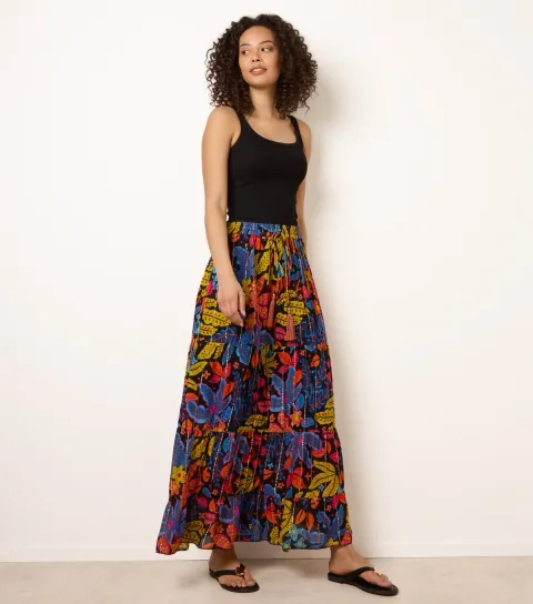 Women's Black Leaf Print Tiered Maxi Skirt