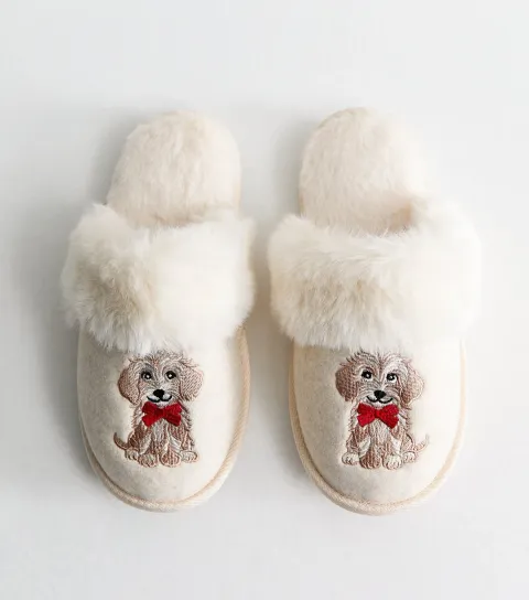 Women's Off White Faux Fur Cockapoo Embroidered Mule Slippers