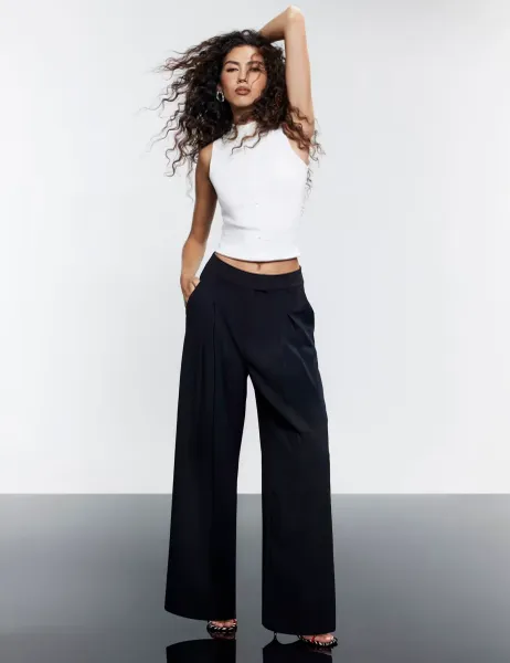 River Island Crepe Pleat Front Wide Leg Trousers Black