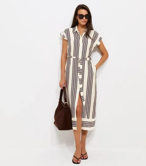 Women's White Striped Short Sleeve Midi Shirt Dress