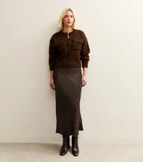 Women's Dark Brown Striped Satin Bias Cut Midi Skirt