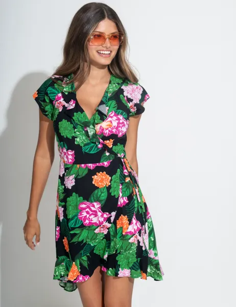 Pour Moi Penny Frill Wrap Woven Beach Dress Black Mix