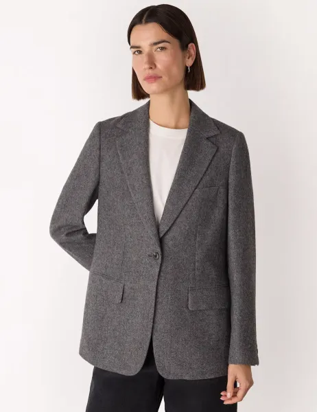 Whistles Wool Blend Herringbone Blazer Grey Mix