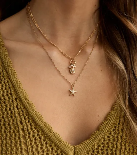 Gold Tone Layered Shell and Starfish Necklace