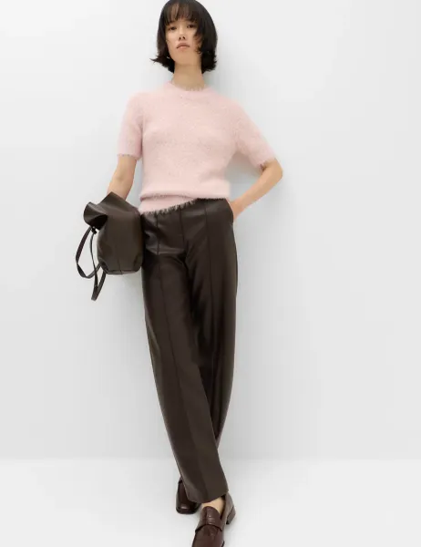 Marks & Spencer Faux Leather Pintuck Barrel Leg Trousers Chocolate