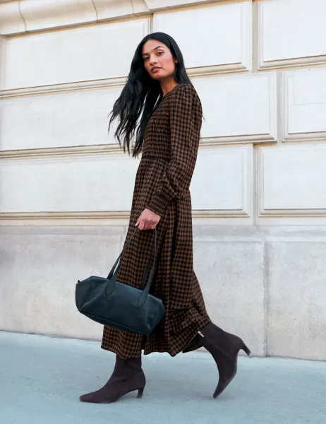RO&ZO Checked Shirred Midi Waisted Dress Brown Mix