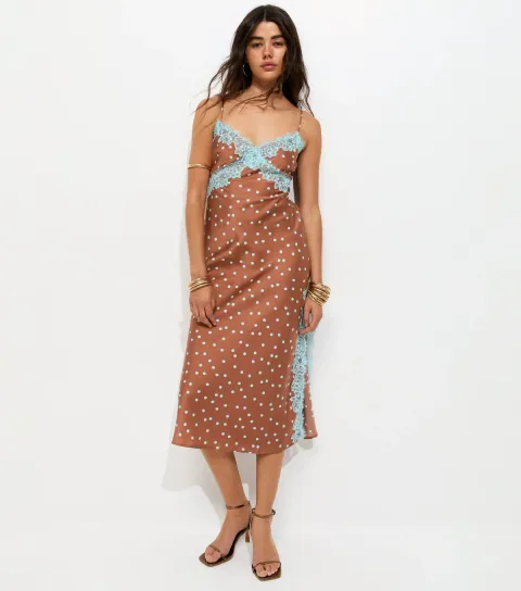 Women's Brown Polka Dot Contrast Lace Trim Slit Midi Dress