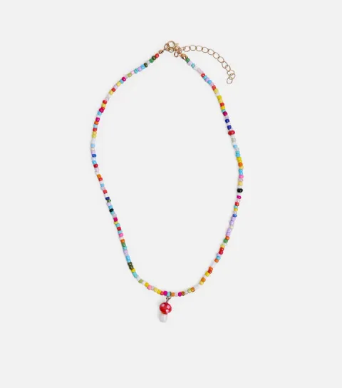 Multicoloured Beaded Mushroom Pendant Necklace