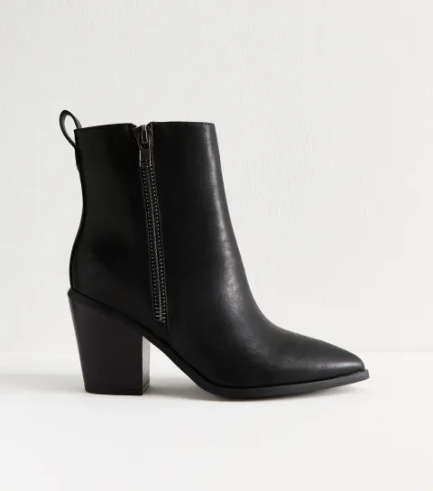Women's Wide Fit Black Faux Leather Side Zip Heeled Ankle Boots Vegan