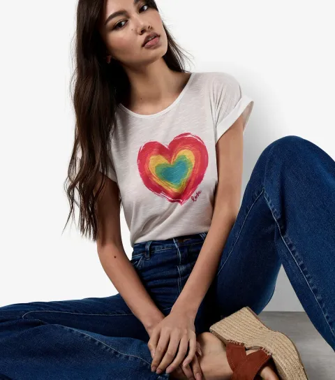 Women's White Heart Print Slubbed T-Shirt