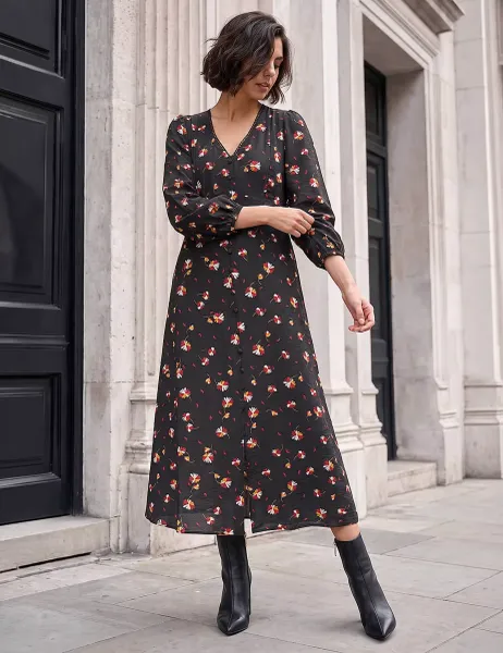 Roman Floral Asymmetric Neck Knee Length Dress Black Mix