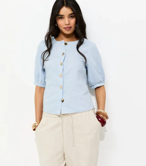 Women's Blue Linen Blend Gold Tone Textured Button Blouse