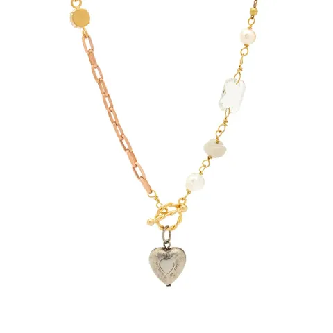 Pearl And Glass Stone Heart Pendant Necklace