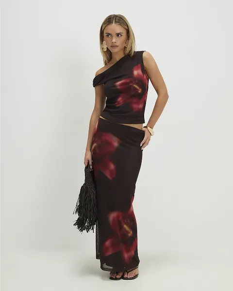 River Island Petite Mesh Floral Print Maxi Skirt