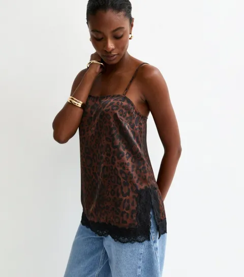 Women's Brown Animal Print Lace Trim Longline Cami Top