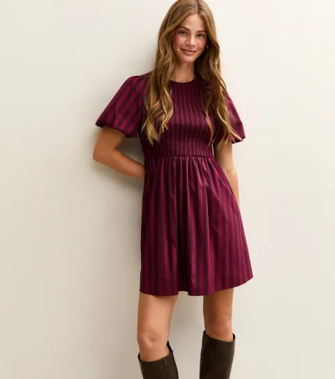 Women's Red Striped Puff Sleeve Mini Dress