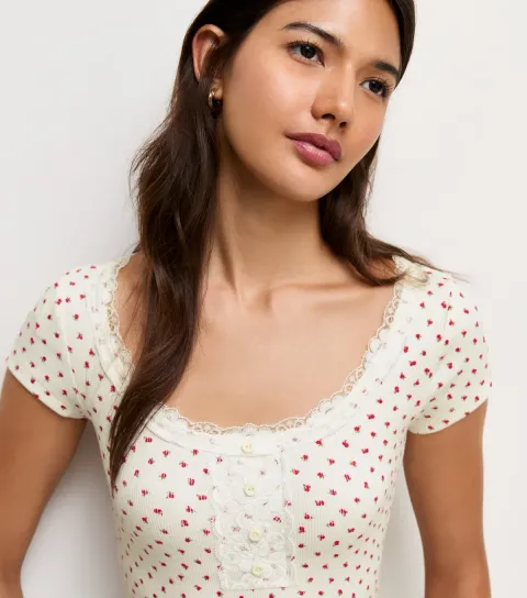 Women's Cream Cotton Rich Ditsy Print Ribbed Lace Trim Henley Top