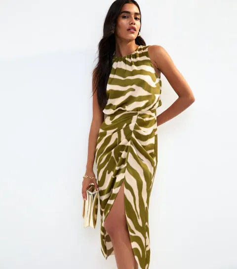 Women's Green Zebra Print Satin Slit Hem Midi Dress