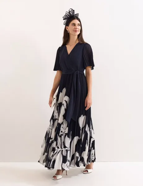 Phase Eight Floral Pleated V-Neck Maxi Wrap Dress Navy Mix
