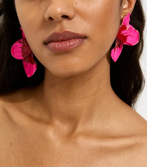 Gold Tone Bright Pink Petal Stud Earrings