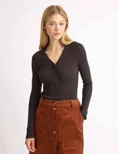 Albaray Ribbed V-Neck Button Detail Top Brown