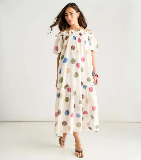 Women's Cream Polka Dot Puff Sleeve Maxi Dress