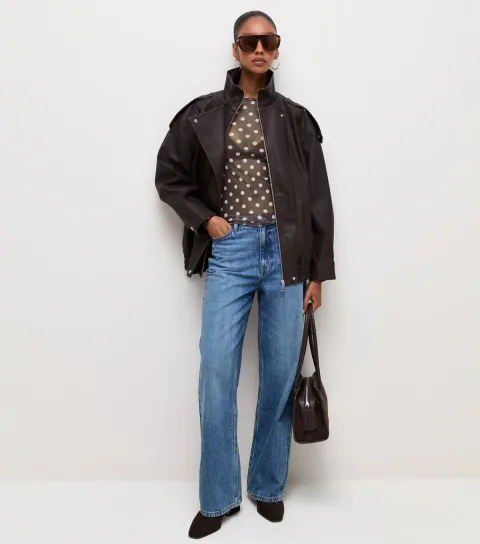 Women's Brown Mesh Polka Dot Long Sleeve Top