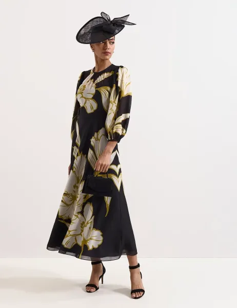 Phase Eight Floral Blouson Sleeve Midi Skater Dress Black Mix