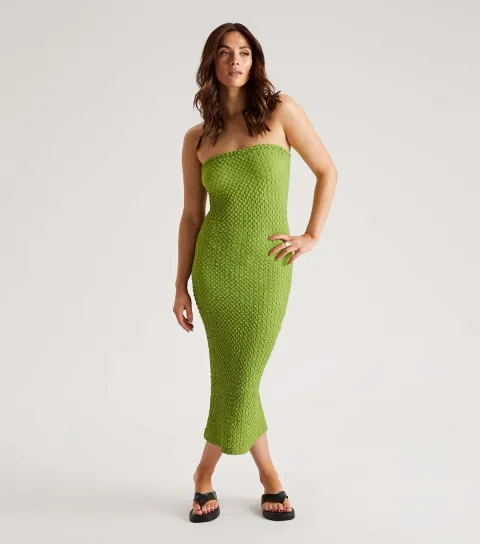 Women's Light Green Textured Bandeau Midi Dress