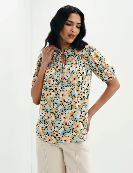 Finery London Floral Shirred Tie Neck Relaxed Top Orange Mix