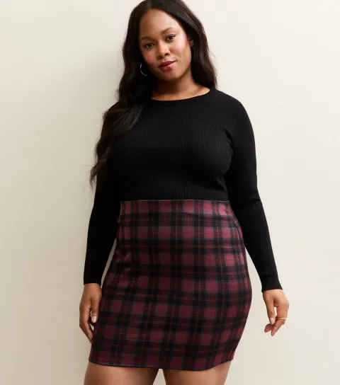 Women's Plus Size Red Jersey Check Tube Mini Skirt Curves