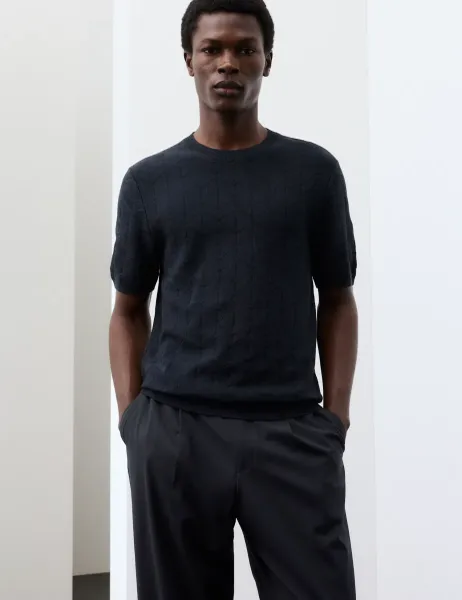 Autograph Mercerised Cotton Geometric Knitted T-shirt Navy