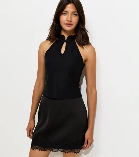 Women's Black Keyhole Halter Neck Sleeveless Top