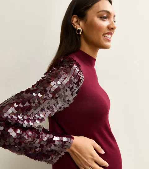 Women's Maternity Burgundy Soft Touch Sequin Sleeve Top