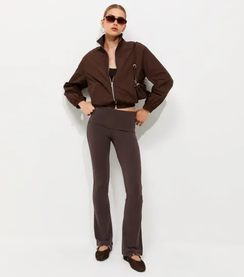 Women's Dark Brown Cotton Rich Fold Over Waistband Flared Leggings