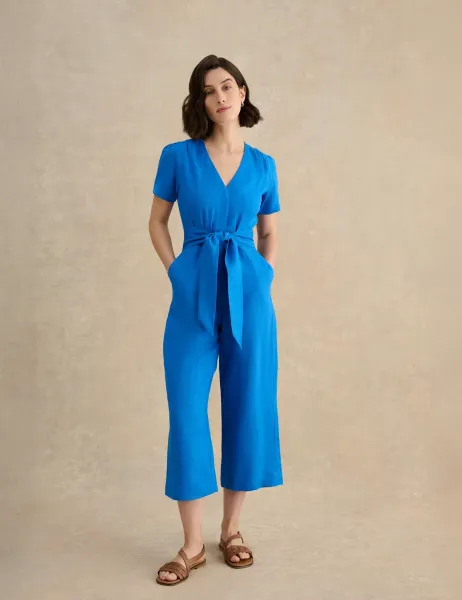 Hobbs Pure Linen Tie Waist Cropped Jumpsuit Blue