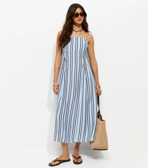 Women's Blue Striped Gathered Strappy Midi Dress