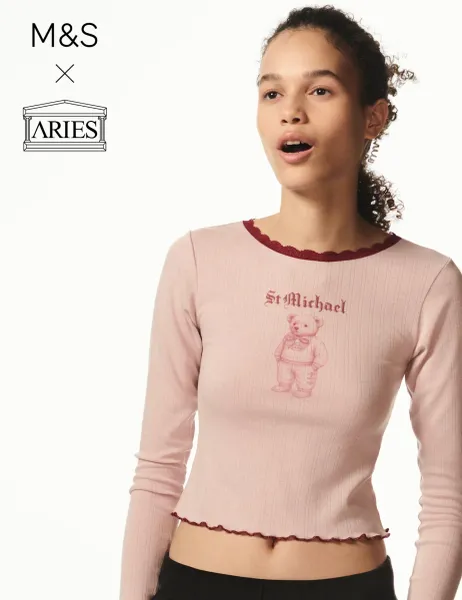 Printed Pointelle Fitted Lace Trim Crop Top Pink Mix