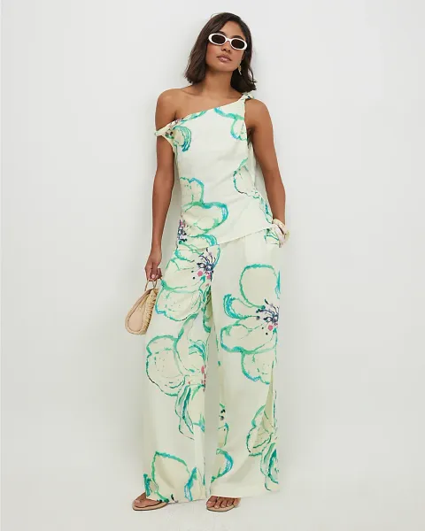 River Island Linen Blend Printed Wide Leg Trousers