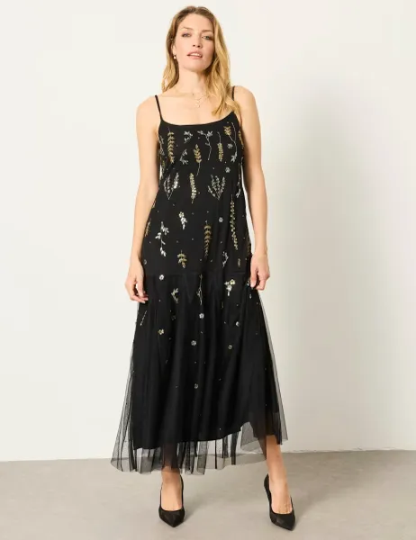 FatFace Beaded Square Neck Strappy Maxi Tea Dress Black Mix