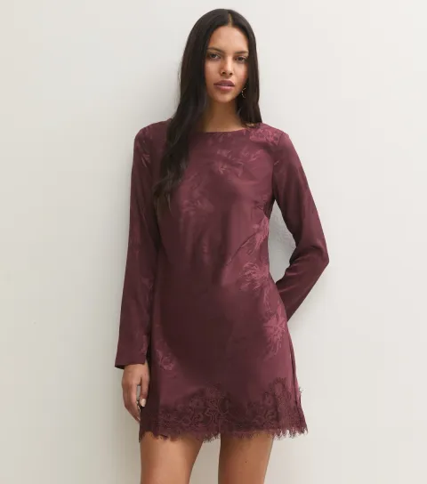 New Look Women's Dark Burgundy Satin Jacquard Lace Trim Long Sleeve Mini Dress