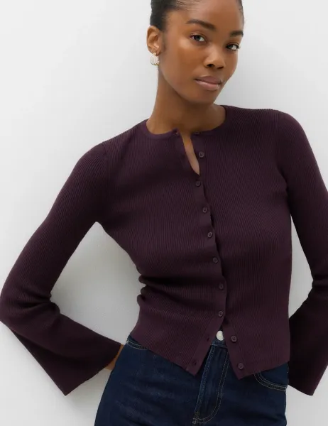 Marks & Spencer Ribbed Slim Fit Cardigan with Wool Dark Aubergine