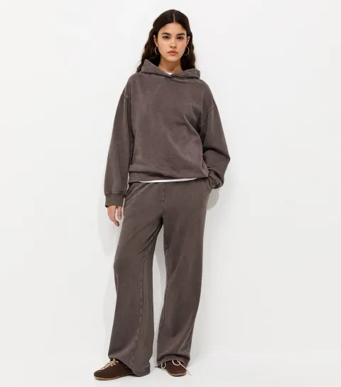 Women's Brown Cotton Rich Acid Wash Wide Leg Joggers