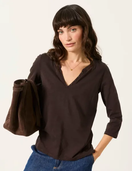 FatFace Pure Cotton V-Neck Top Chocolate