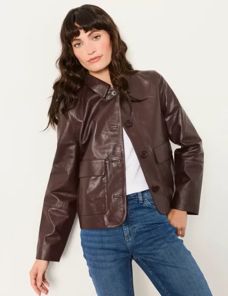 FatFace Leather Cropped Jacket Plum