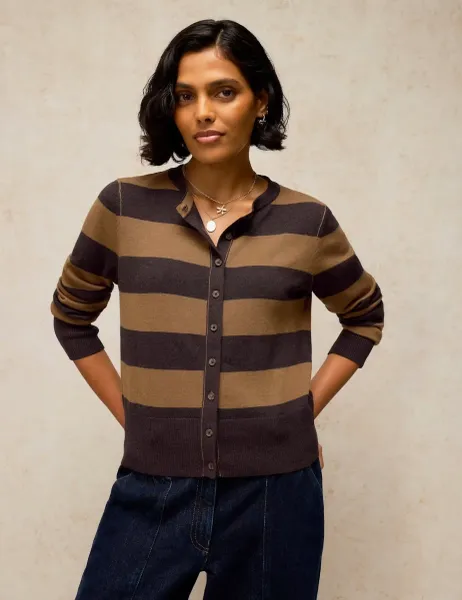 White Stuff Pure Cotton Striped Cardigan Brown Mix