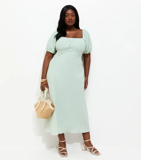 Women's Plus Size Green Gingham Milkmaid Midi Dress Curves