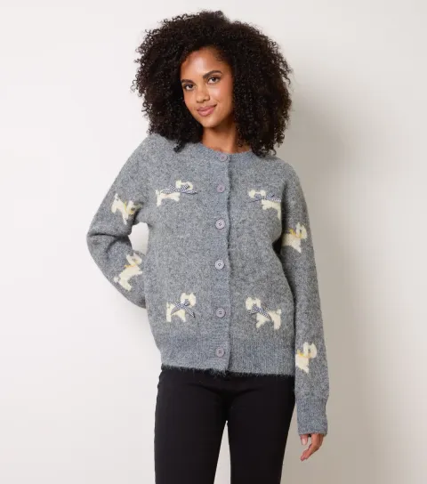 Blue Vanilla Women's Grey Button Front Dog and Bow Cardigan